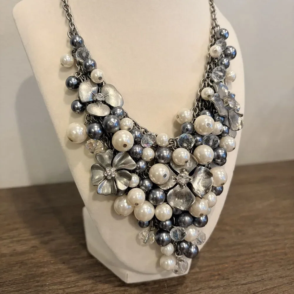 Vintage Vince Camuto Floral Pearl Cluster Statement Bib Necklace Gunmetal